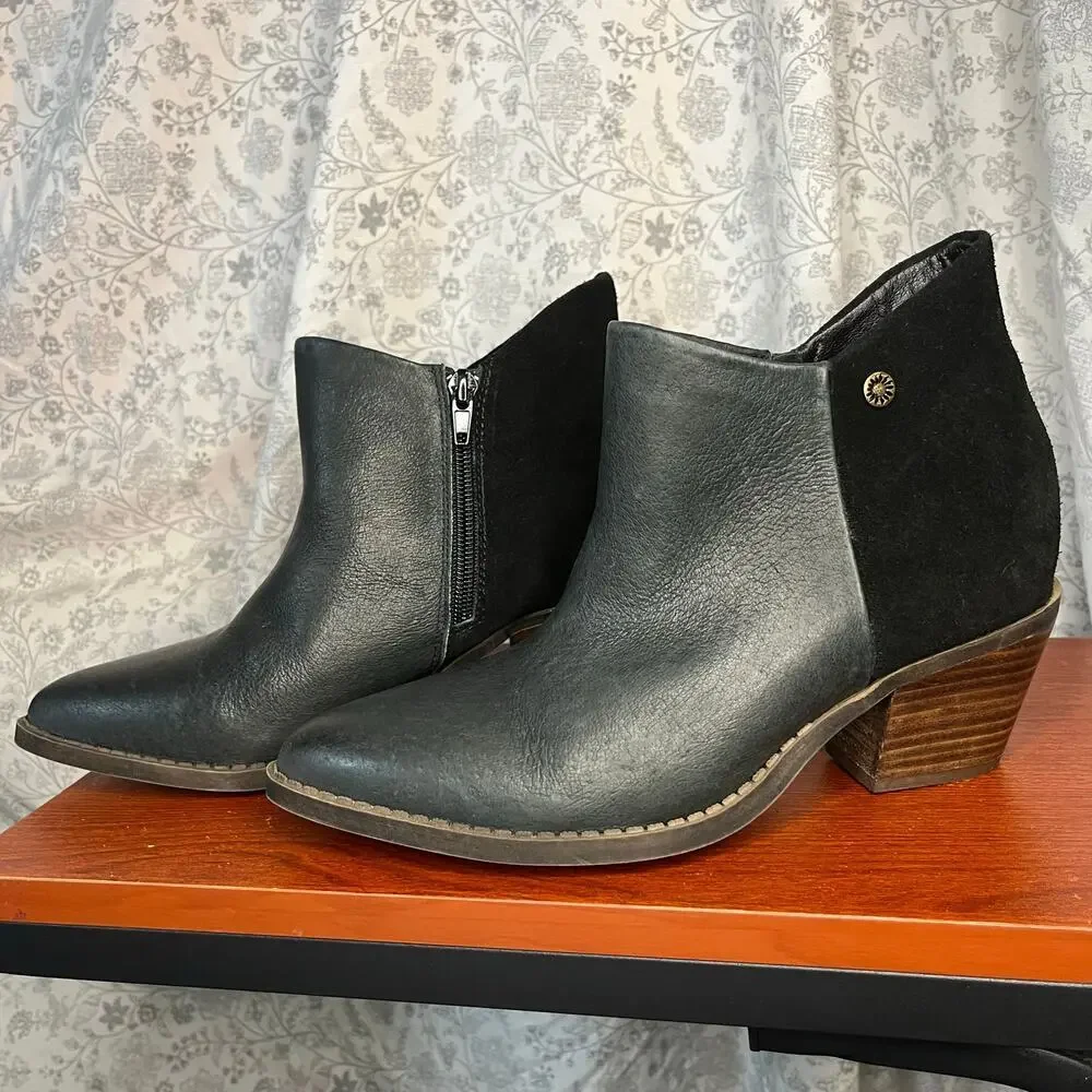 Yellow Box Dannika Black Leather Suede Booties Size 7M Western Ankle Boots